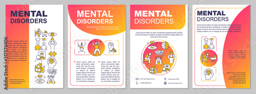 Mental disorders brochure template. Psychiatric problems. Psychological diseases. Flyer, booklet, leaflet print, cover design with linear icons. Vector layouts for magazines, advertising posters