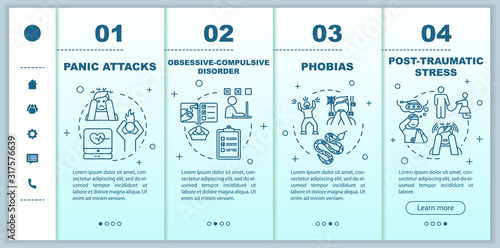 Mental disorders onboarding vector template. Psychological diseases. Panic attacks. obsessive compulsive disorder. Responsive mobile website, icons. Webpage walkthrough step screens. RGB color concept