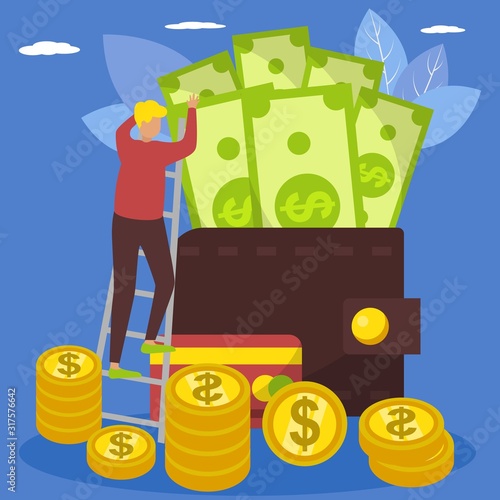 Cash money business financial income vector illustration. Man wealth character and huge wallet with dollars banknotes, coins income currency payments, bank credit card, stairs.