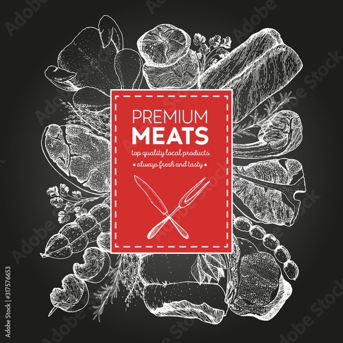 Design template for meat market. Menu label with meat meal. Hand-drawn vector illustration