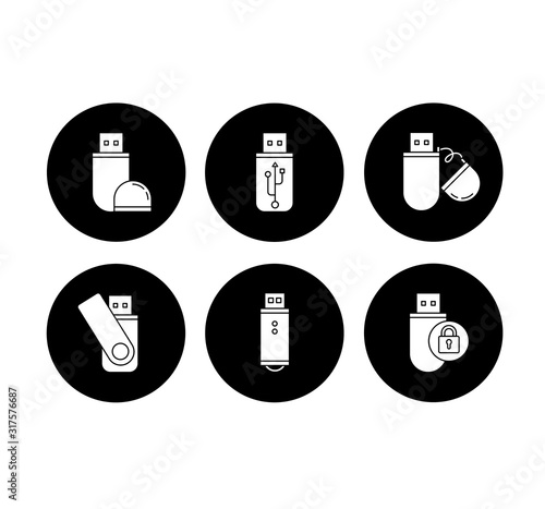 USB flash drive glyph icons set. Compact data storage device. Memory stick. Thumb drive, key. Transferring information. Small electronic gadget. Vector white silhouettes illustrations in black circles