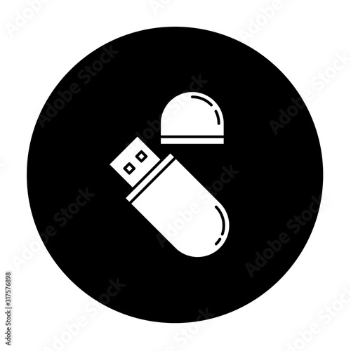 USB flash drive glyph icon. Compact data storage device. Memory stick. Thumb drive. Transferring information. Small portable electronic gadget. Vector white silhouette illustration in black circle