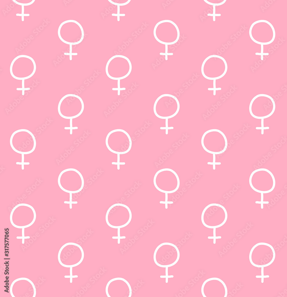 Vector seamless pattern of white hand drawn doodle sketch woman symbol isolated on pink background
