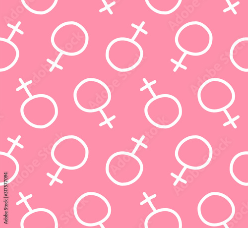 Vector seamless pattern of white hand drawn doodle sketch woman symbol isolated on pink background