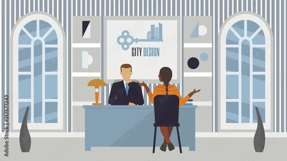 Job recruitment interview in office, people employer and candidate vector illustration. Job interview meeting, conversation for professional work and career in business company.