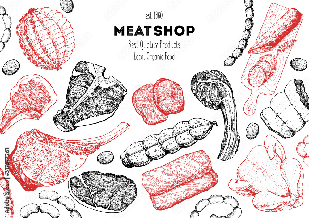 Meat products top view frame. Vector illustration. Engraved design. Hand drawn illustration. Pieces of meat design template. Great for package design. Chicken, beef, pork, sausage, lamb, ham sketch. - obrazy, fototapety, plakaty 