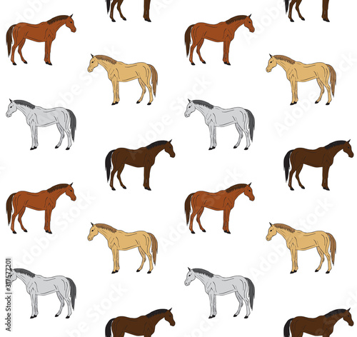 Vector seamless pattern of hand drawn doodle sketch different colored horse isolated on white background