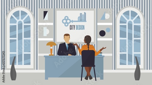 Job recruitment interview in office, people employer and candidate vector illustration. Job interview meeting, conversation for professional work and career in business company.