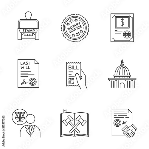 Notary services pixel perfect linear icons set. Stock certificate. Supreme court. Statute. Last will. Customizable thin line contour symbols. Isolated vector outline illustrations. Editable stroke