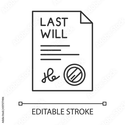 Signed last will pixel perfect linear icon. Document with stamp. Notarized testament. Legal paper. Thin line customizable illustration. Contour symbol. Vector isolated outline drawing. Editable stroke