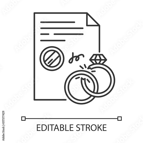 Divorce pixel perfect linear icon. Formal ending of marriage. Legal separation. Breakup. Thin line customizable illustration. Contour symbol. Vector isolated outline drawing. Editable stroke