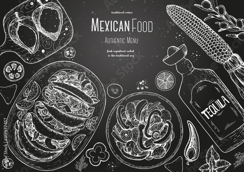 Mexican food top view frame. A set of classic mexican dishes with tacos, fajita, poblano. Food menu design template. Vintage hand drawn sketch vector illustration. Mexican cuisine engraved image.