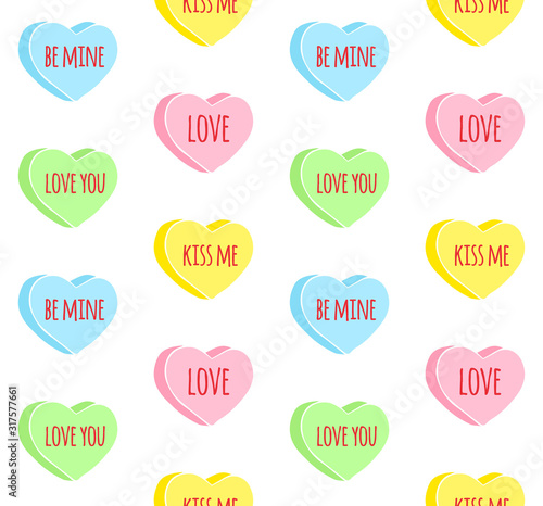 Vector seamless pattern of colored hand drawn doodle sketch valentine candy hearts with love text isolated on white background