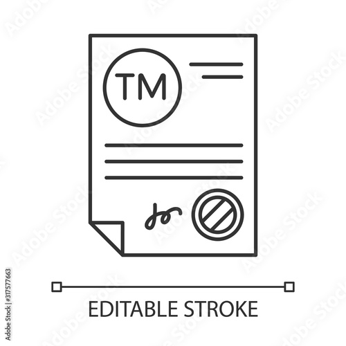 Trademark certificate pixel perfect linear icon. Certification mark. License. Brand registration. Thin line customizable illustration. Contour symbol. Vector isolated outline drawing. Editable stroke
