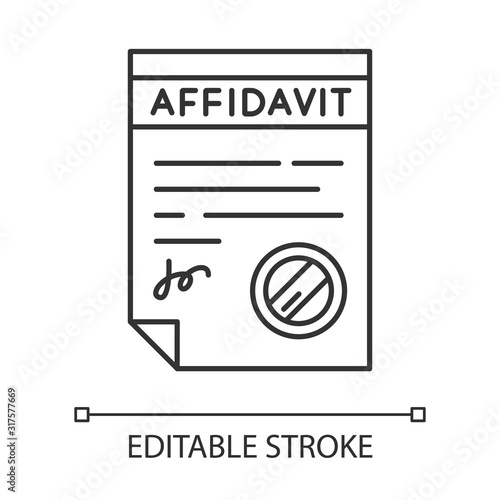 Confirmed affidavit pixel perfect linear icon. Written statement. Declaration. Legal paper. Thin line customizable illustration. Contour symbol. Vector isolated outline drawing. Editable stroke