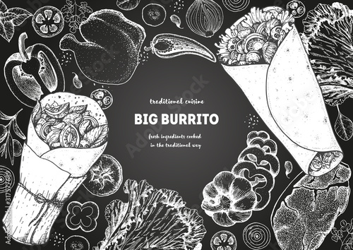 Burrito and ingredients for burrito sketch. Mexican food vector illustration. Food menu engraved elements.