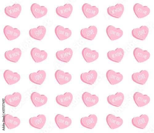 Vector seamless pattern of pink drawn doodle sketch valentine candy hearts with love text isolated on white background