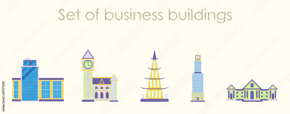 Skyscrapers buildings. Towers city business architecture, apartment and office building, urban landscape. Vector illustration in trendy flat style isolated on background