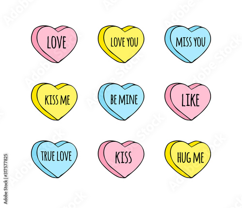 Vector hand drawn doodle set of different sweet heart candies isolated on white background. Bundle of flat cartoon conversation text sweets for valentines day