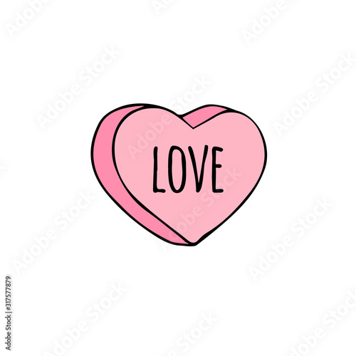 Vector hand drawn doodle sweet heart candy isolated on white background. Flat pink cartoon conversation text sweet for valentines day