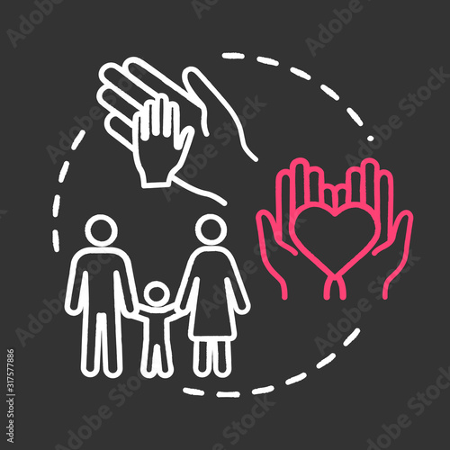 Family support chalk RGB color chalk RGB color concept icon. Parental care. Relatives backing. Family unity, protection, help idea. Vector isolated chalkboard illustration on black background