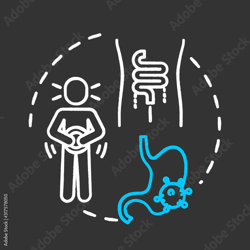 Gastrointestinal oncology chalk RGB color chalk RGB color concept icon. Enterovirus diagnosis, treatment. Digestive upset. Health care idea. Vector isolated chalkboard illustration on black background