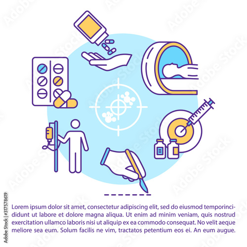Cancer treatment concept icon with text. Chemotherapy and surgery. PPT page vector template. Oncology drug therapy. Radiotherapy. Brochure, magazine, booklet design element with linear illustrations
