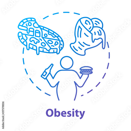 Obesity concept icon. Unhealthy eating habits. Overweight person. Calories from fast food. Weight problem. Overconsumption idea thin line illustration. Vector isolated outline RGB color drawing