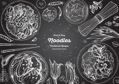 Asian food engraved sketch. Noodle dishes top view frame. Food menu design with cooked noodles . Vintage hand drawn sketch vector illustration. Asian cuisine menu background.