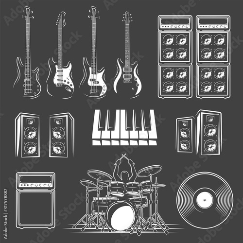 Set of musical instruments isolated on a black background