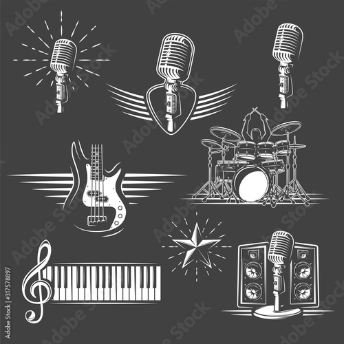 Set of musical instruments isolated on a black background