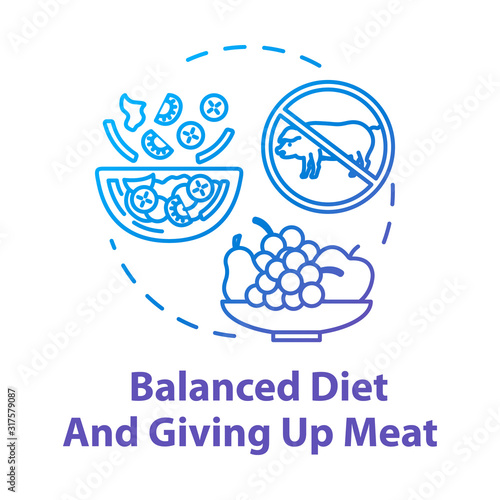 Balanced diet and giving up meat concept icon. No animal food. Nutritious diet. Healthcare. Organic meal. Going vegan idea thin line illustration. Vector isolated outline RGB color drawing