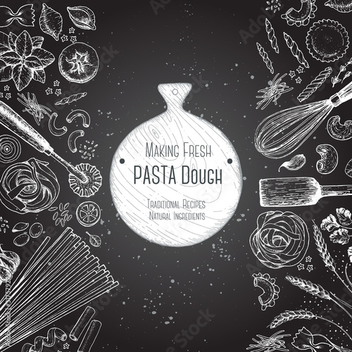 Italian pasta poster. Hand drawn vector illustration. Collection of pasta different types. Italian food design template. Engraved sketch style.