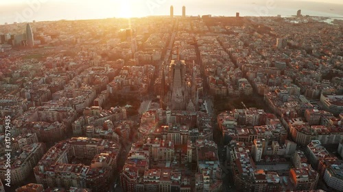 Dawn aerial view of Barcelona with beautiful patterns in Spain. photo