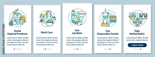 Skicare onboarding mobile app page screen with concepts. Cosmetic products. Cosmetology and beauty walkthrough 5 steps graphic instructions. UI vector template with RGB color illustrations