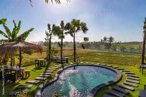 Sunset over rice fields. View through the small pool in the foreground. Bali, Indonesia.