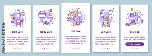 Skicare onboarding mobile app page screen with concepts. Suncare and bodycare. Dermatology walkthrough 5 steps graphic instructions. UI vector template with RGB color illustrations