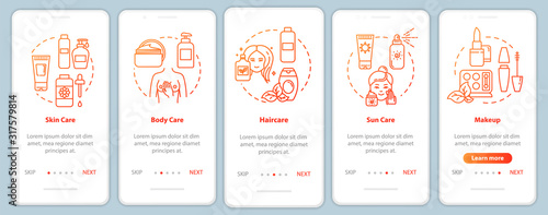 Skicare onboarding mobile app page screen with concepts. Suncare and bodycare. Dermatology walkthrough 5 steps graphic instructions. UI vector template with RGB color illustrations