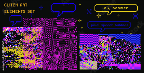 Set of pixelated speech bubbles like in 8-bit arcade game and glitch art elements. Retrowave and vaporwave style design elements. photo