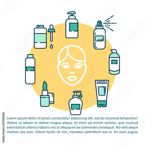 Skincare products concept icon with text. Moisturizing spray. Cleansing gel. Facial lotion. PPT page vector template. Brochure, magazine, booklet design element with linear illustrations