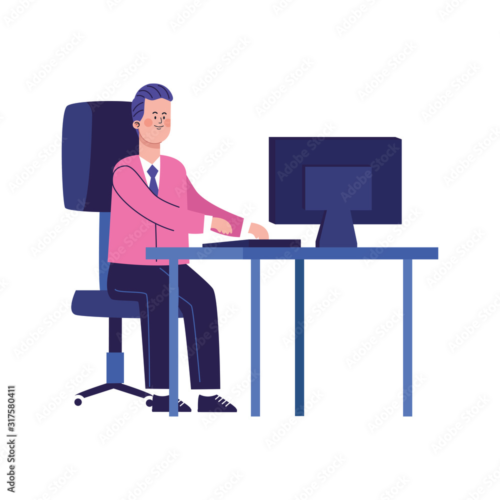 happy businessman working at office desk with computer happy businessman working at office desk with computer