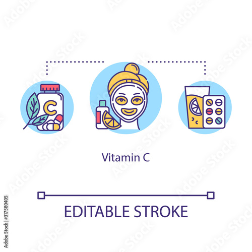 Vitamin C concept icon. Multi-vitamin complex. Diet supplement. Cosmetology and dermatology. Skincare idea thin line illustration. Vector isolated outline RGB color drawing. Editable stroke