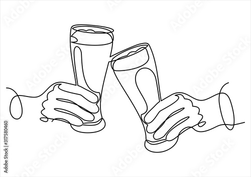 Two hands holding a glass of beer in the party. hang out with friend . cheers clinking.continuous single drawn line