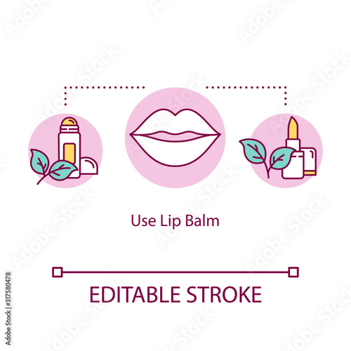 Use lip balm concept icon. Skincare and beauty. Hygienic lipbalm. Cosmetic and dermatology. Lipcare idea thin line illustration. Vector isolated outline RGB color drawing. Editable stroke