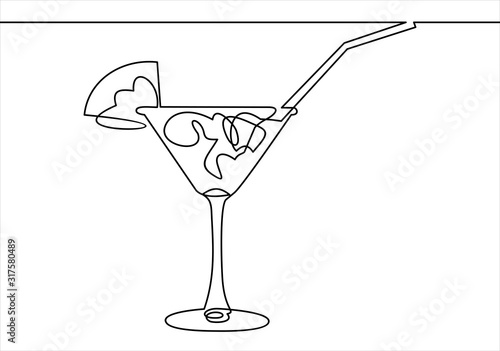 Continuous line drawing. Wineglass with cocktail and lemon. Hand drawn vector illustration.