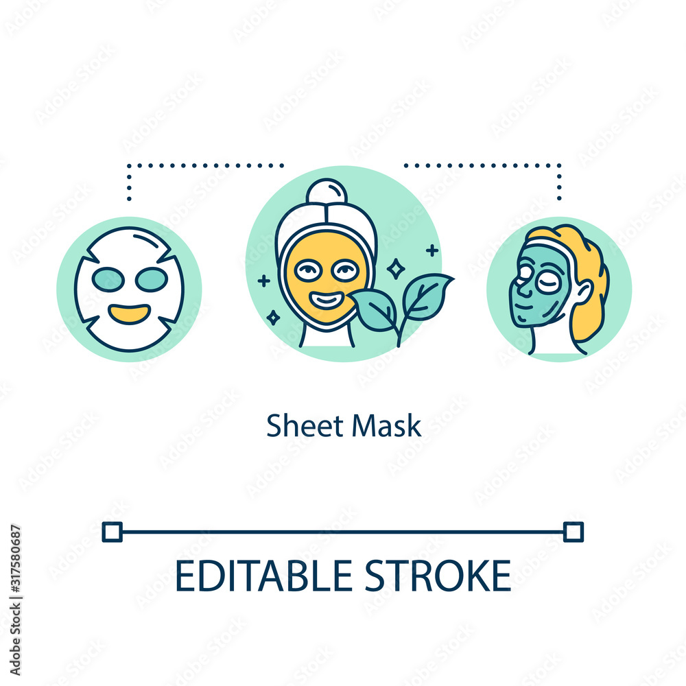 Sheet mask concept icon. Skincare treatment. Facial moisturizing. Female beauty and dermatology. Cosmetology idea thin line illustration. Vector isolated outline RGB color drawing. Editable stroke