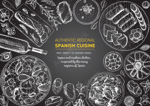 Spanish cuisine top view frame. A set of spanish dishes with croquetas, bocadillo, paella, gaspacho, tapas. Food menu design template. Vintage hand drawn sketch vector illustration. Engraved image