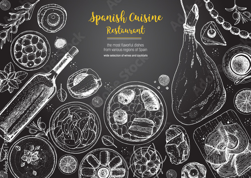 Spanish cuisine top view frame. A set of spanish dishes with jamon, patatas bravas, fabada, gaspacho, tapas. Food menu design template. Vintage hand drawn sketch vector illustration. Engraved image