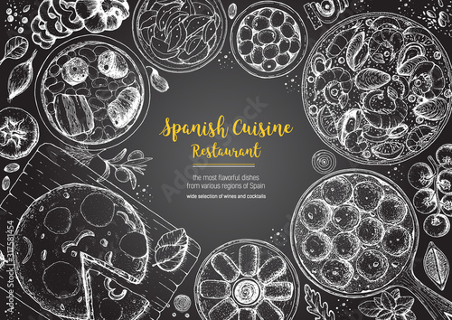 Spanish cuisine top view frame. A set of spanish dishes with albondigas, tortilla, fabada, paella, croquetas. Food menu design template. Vintage hand drawn sketch vector illustration. Engraved image