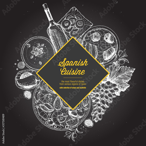Spanish cuisine label. A set of spanish dishes with paella, gazpacho, tapas, sausages, snack. Food menu design template. Vintage hand drawn sketch vector illustration.Engraved image